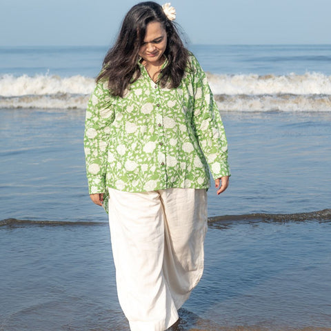 Green Floral Hand Block Printed Shirt