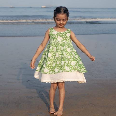 Green Floral Hand Block Printed Layered Dress