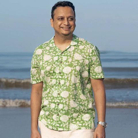 Green Floral Hand Block Printed Mal Mal Shirt