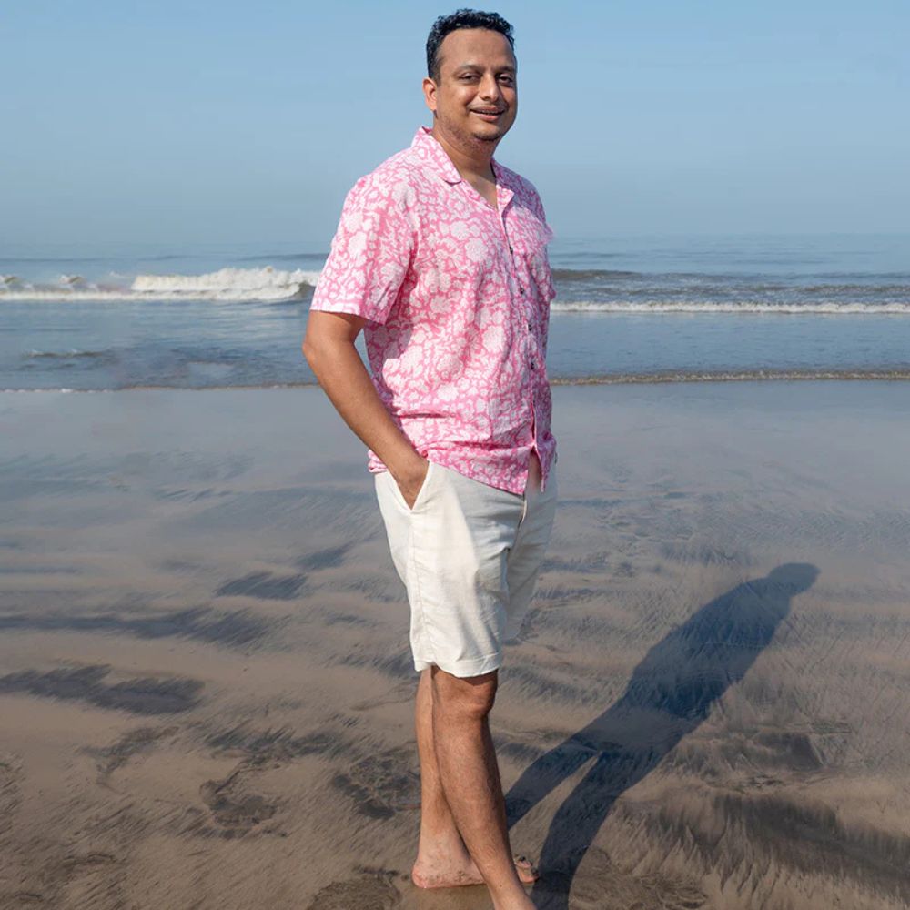 Pink Floral Hand Block Printed Mal Mal Shirt