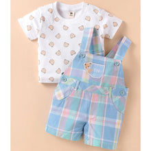 Load image into Gallery viewer, Blue Half Sleeves Bear Printed T-Shirt &amp; Checkered Dungaree
