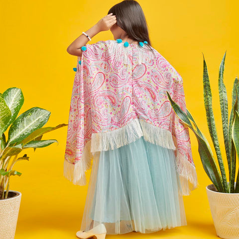 Pink Paisley Fringed Cape With Blue Skirt