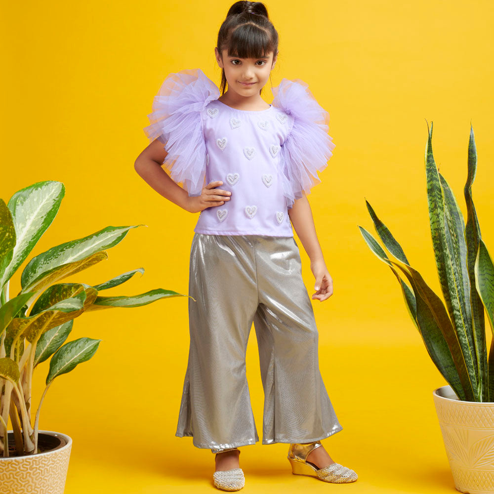 Lilac Butterfly Sleeves Top With Shimmer Pants