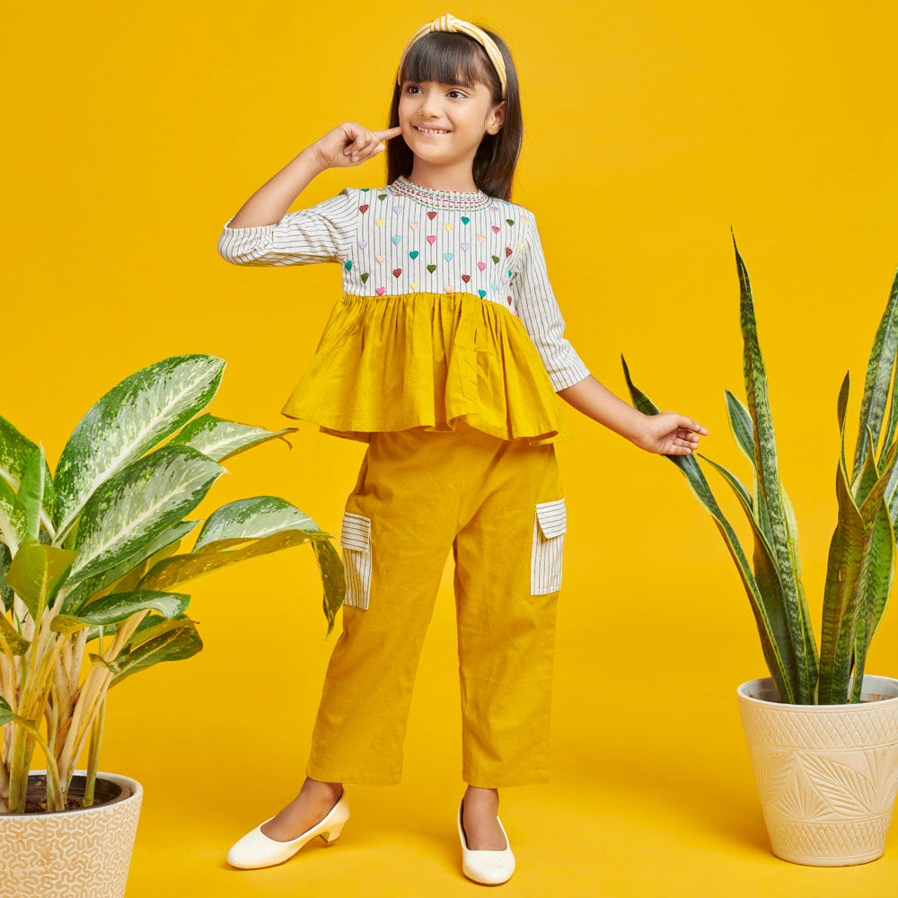 Yellow Heart Embroidered Top With Cargo Pants Co-ord Set