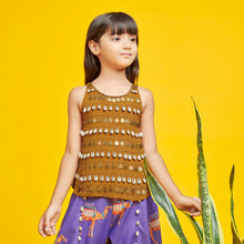 Load image into Gallery viewer, Brown Shell &amp; Coin Embellished Short Kurta With Camel Printed Cowl Dhoti
