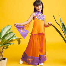 Load image into Gallery viewer, Orange Mirror Embellished Kurta With Attached Dupatta &amp; Camel Printed Palazzo
