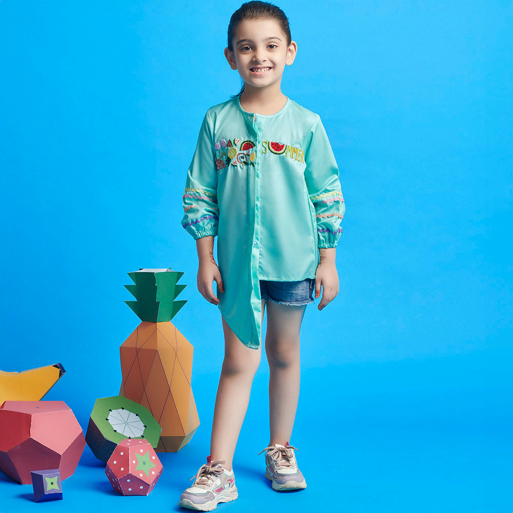 Sea Green Fruit Embroidered Cotton Shirt