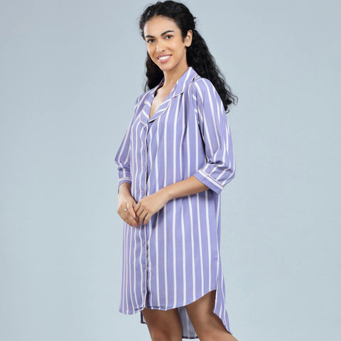 Classic Purple Striped Short Shirt Dress