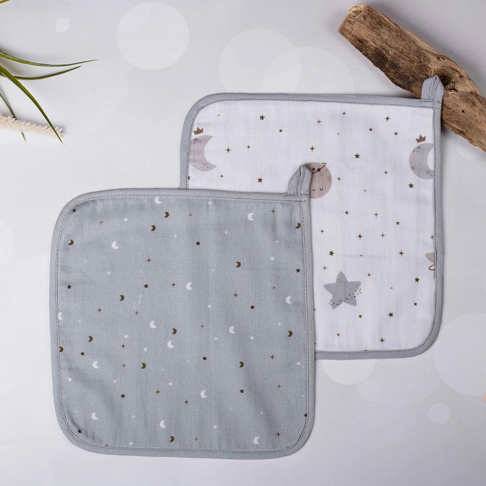 Grey Starry Nights Muslin Cotton Washcloth- Set Of 2