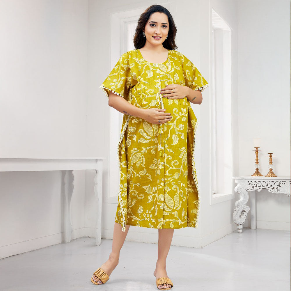 Musturd Floral Printed Nursing Maternity Kaftan Dress