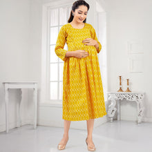 Load image into Gallery viewer, Yellow Full Sleeves Printed Nursing Maternity Dress
