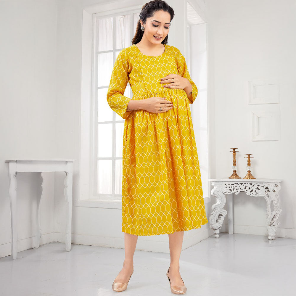Yellow Full Sleeves Printed Nursing Maternity Dress