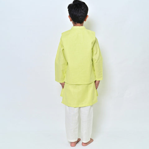 Lime Green Embroidered Nehru Jacket With Kurta & Pajama