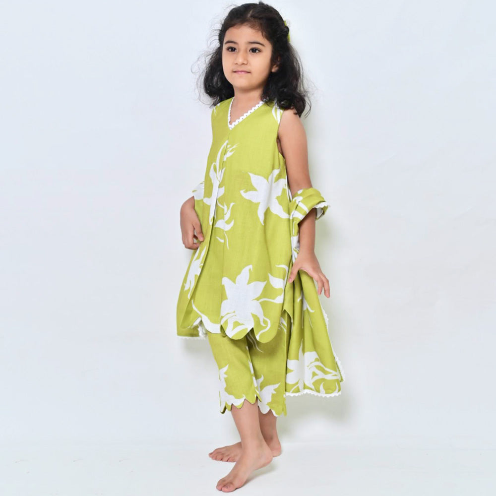 Green Floral Cotton Kurta With Pant & Dupatta