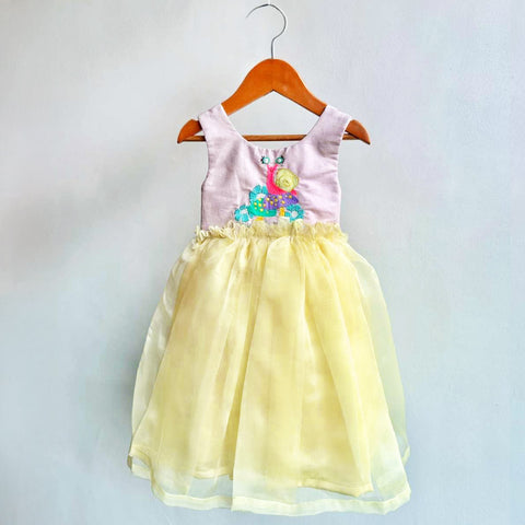 Yellow Mushroom Embroidered Organza Dress