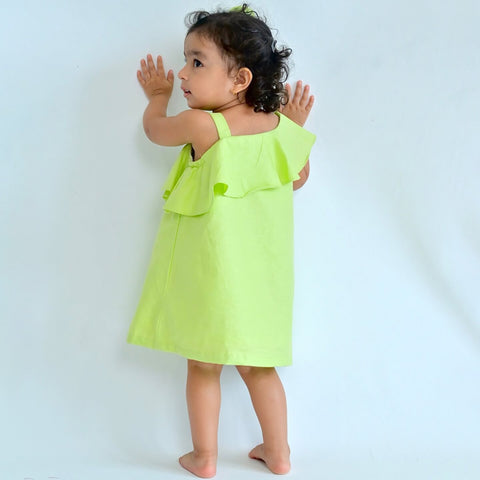 Lime Yellow Floral Embroidered Cotton A-Line Dress