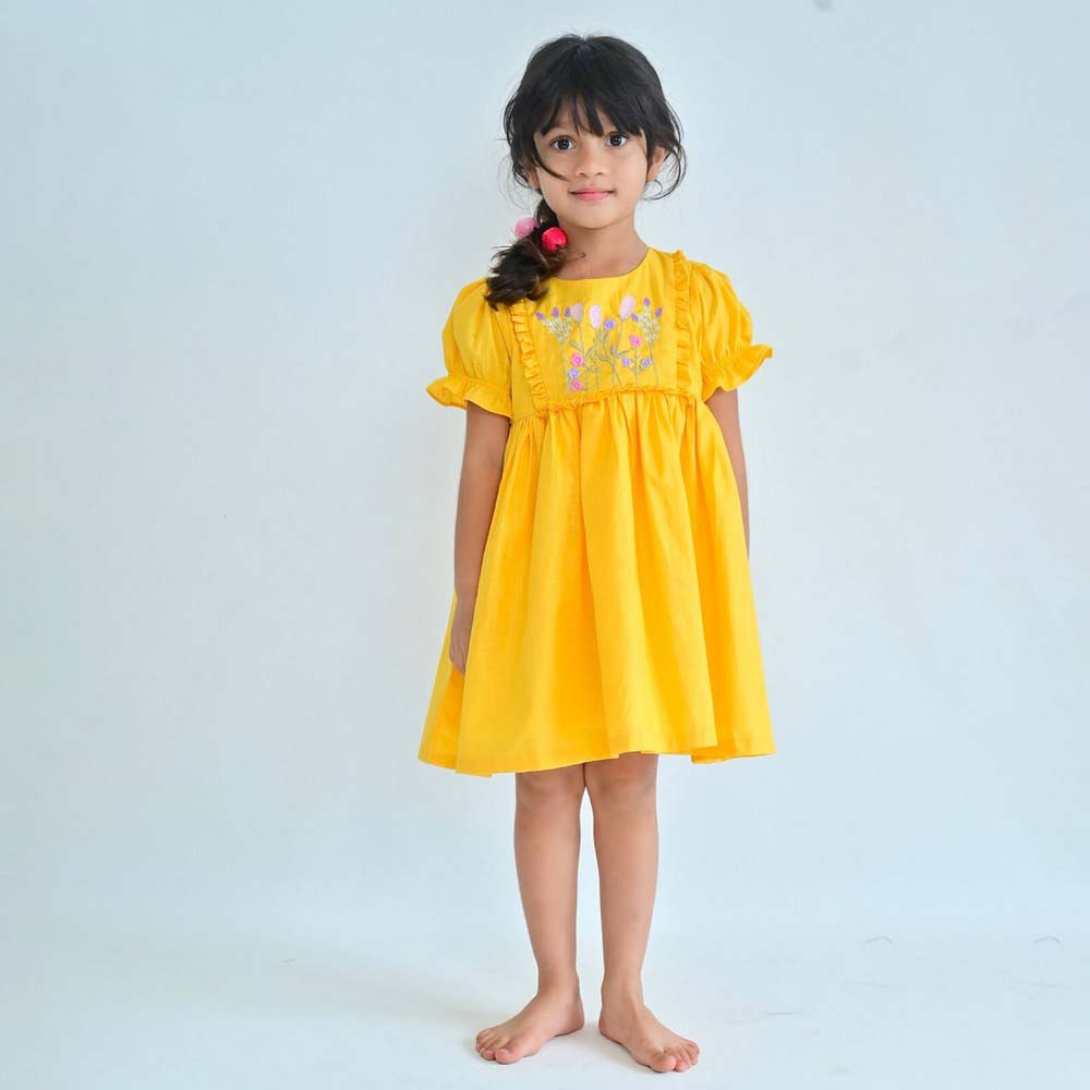Yellow Floral Embroidery Cotton Dress