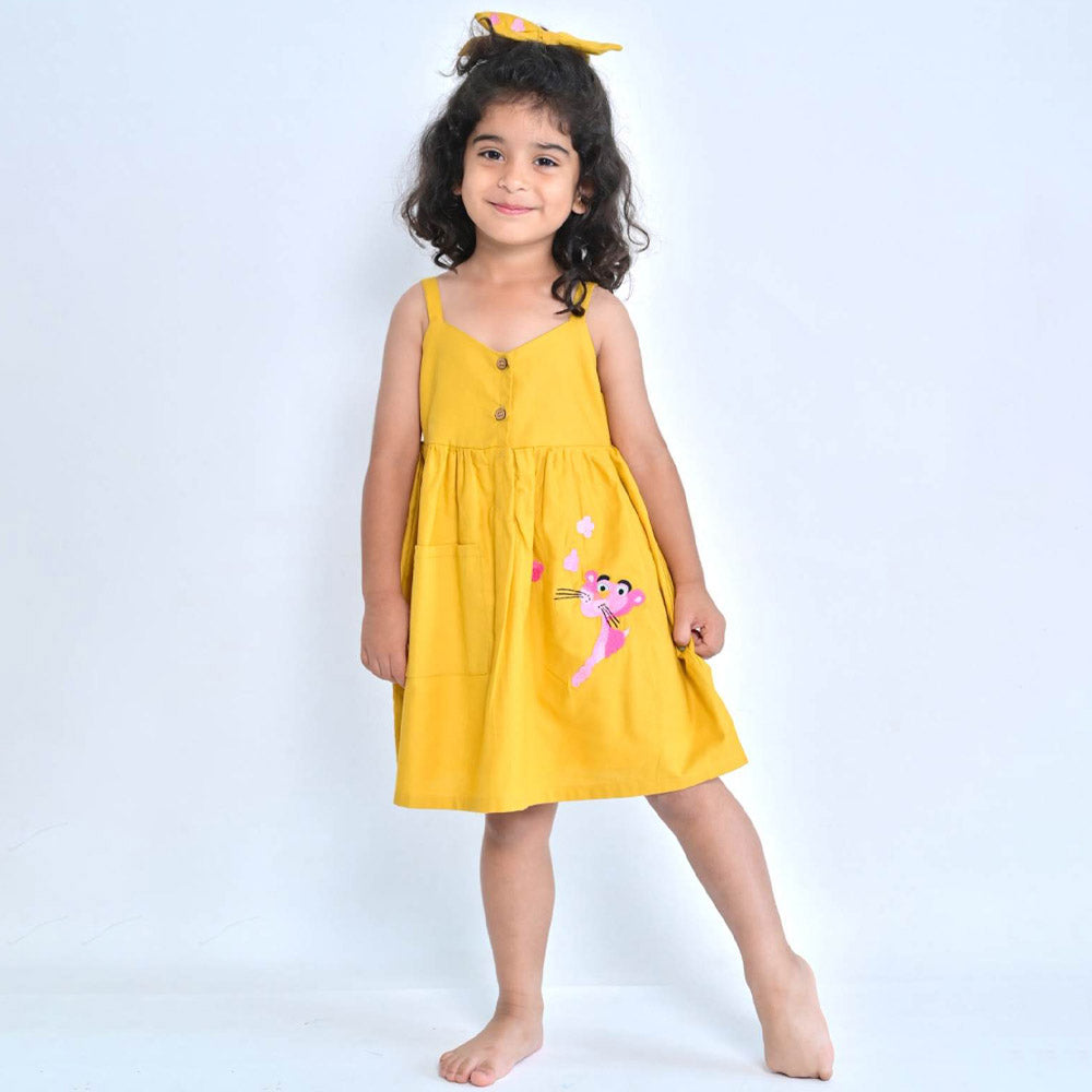 Yellow Panther Embroidered Cotton Dress