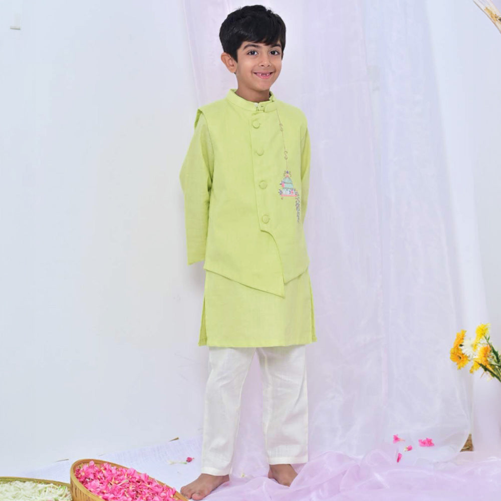 Lime Green Embroidered Nehru Jacket With Kurta & Pajama