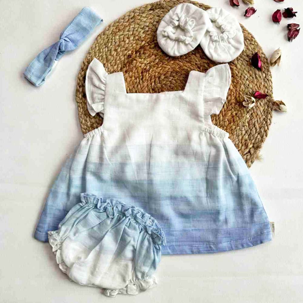 Blue Frock With Bloomer, Booties & Headband Gift Set