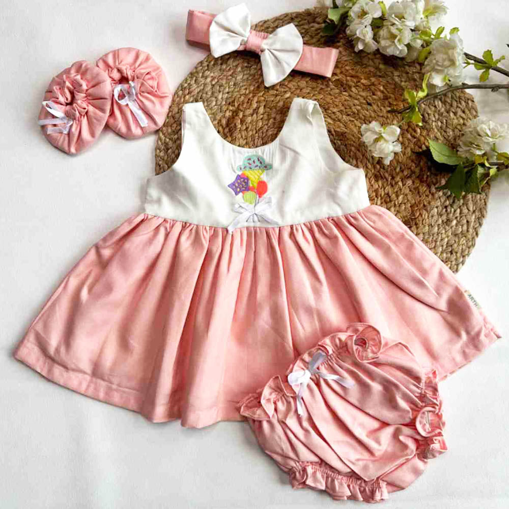 Peach Cotton Frock With Bloomer, Booties & Headband Gift Set