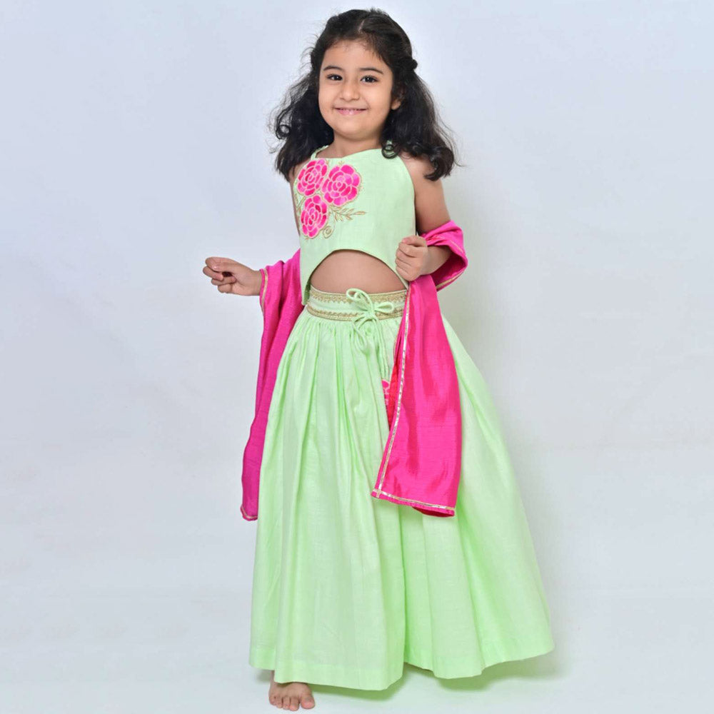 Pastel Green Rose Embroidered Choli With Lehenga & Dupatta