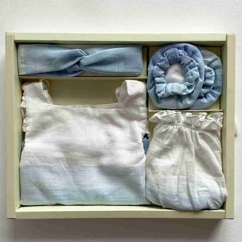 Blue Frock With Bloomer, Booties & Headband Gift Set