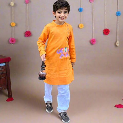 Orange Embroidered Cotton Kurta With Pajama