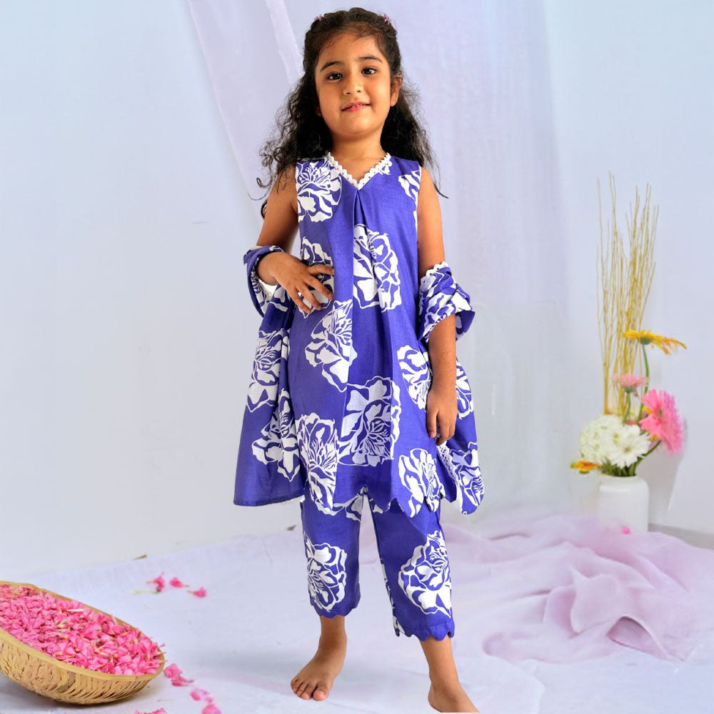 Purple Floral Printed Kurta With Pant & Dupatta