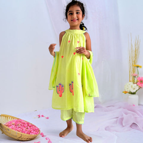 Neon Yellow Prickly Pear Embroidered Cotton Kurta With Pant & Dupatta