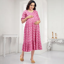 Load image into Gallery viewer, Green &amp; Pink Abstract Printed Nursing Maternity Dress
