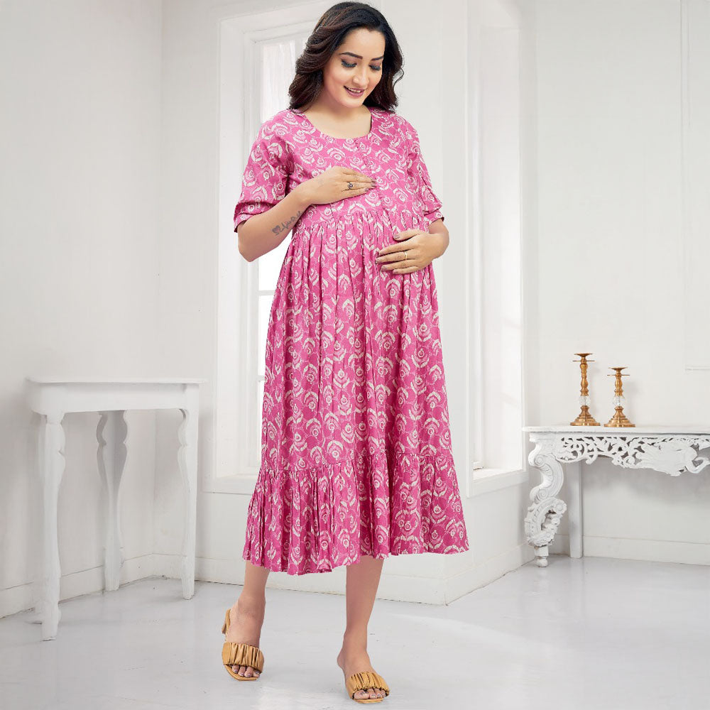 Green & Pink Abstract Printed Nursing Maternity Dress