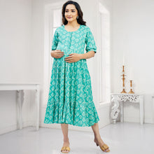 Load image into Gallery viewer, Green &amp; Pink Abstract Printed Nursing Maternity Dress
