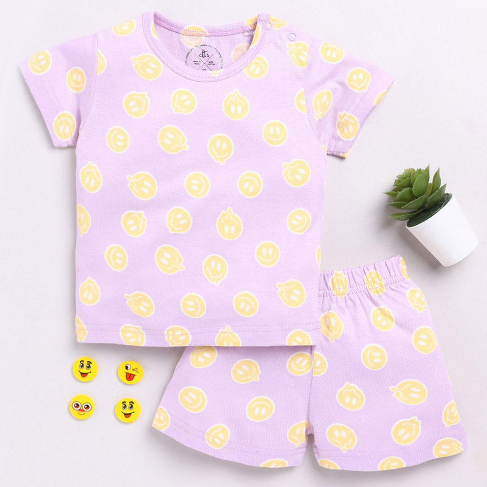Lavender Smiley Printed T-Shirt With Shorts Cotton Night Suit