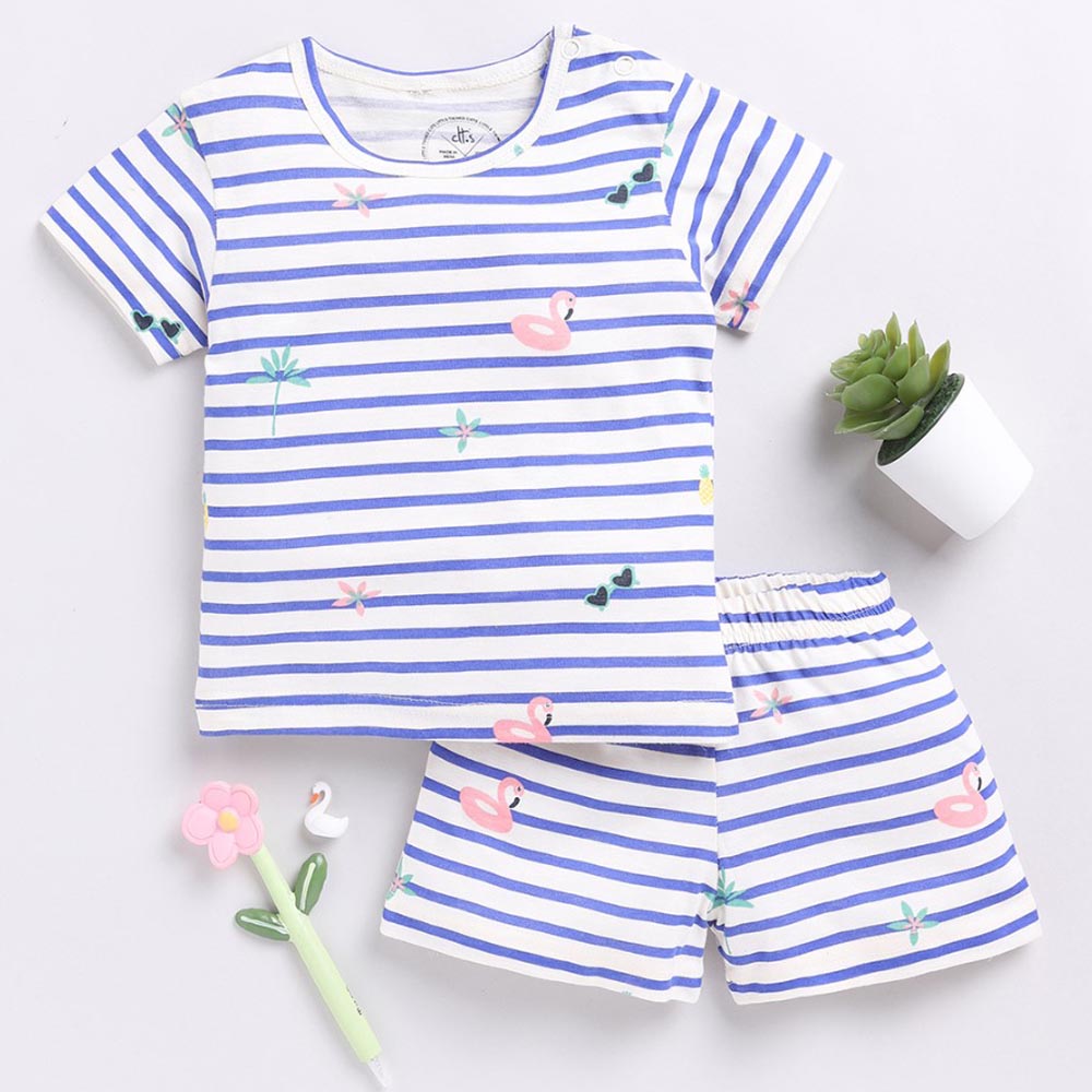 Blue Striped T-Shirt With Shorts Cotton Night Suit