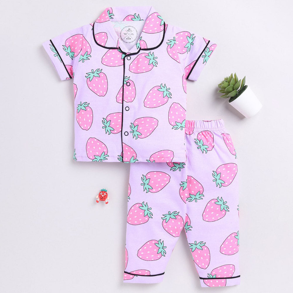 Lavender Strawberry Printed Cotton Night Suit