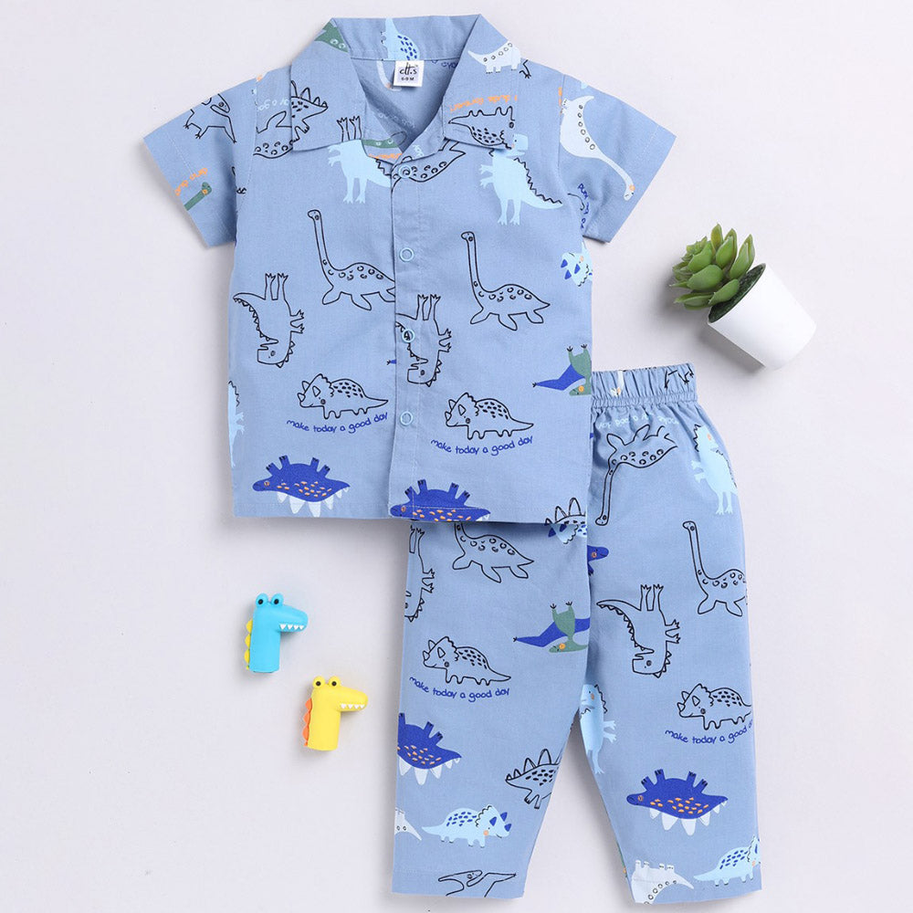 Blue Dino Theme Half Sleeves Night Suit