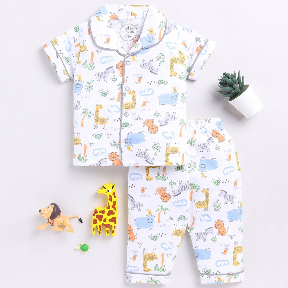 White Forest Theme Short Sleeves Cotton Night Suit