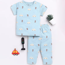Load image into Gallery viewer, Vehicle Theme Short Sleeves Night Suit-Blue &amp; Beige
