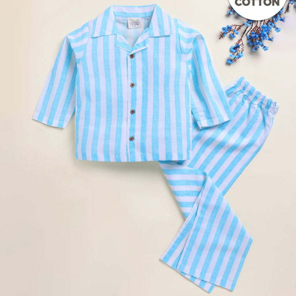 Blue & Yellow Striped Full Sleeves Night Suit