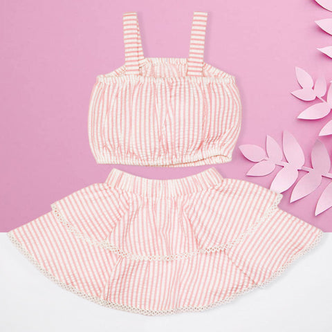 Peach Striped Skirt & Top With Hat Co-Ord Set