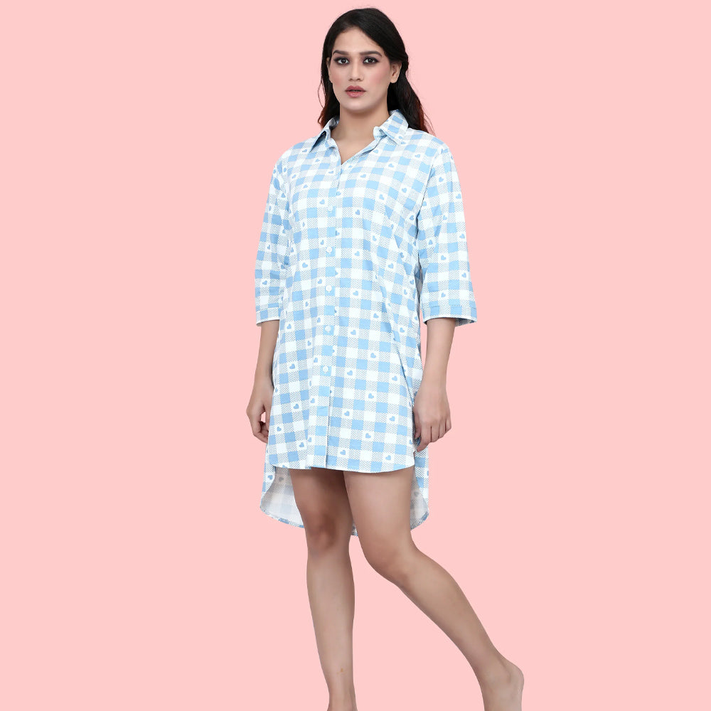 Blue Checked Heart Printed Shirt Dress