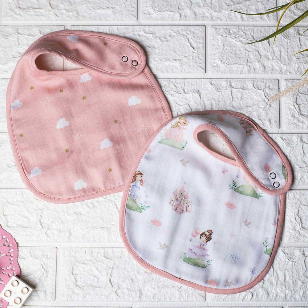Pink Princess Theme Reversible Cotton Bibs- Set Of 2