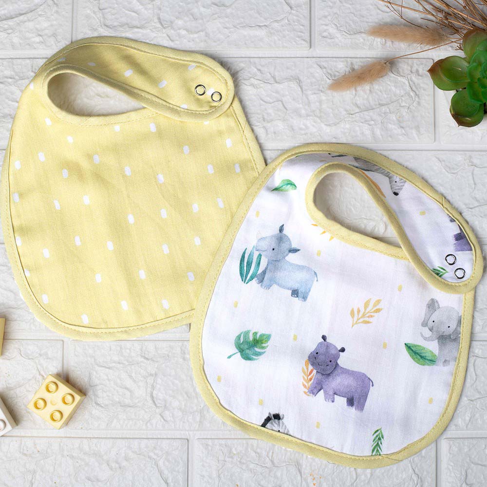Yellow Into The Wild Reversible Cotton Bibs- Set Of 2