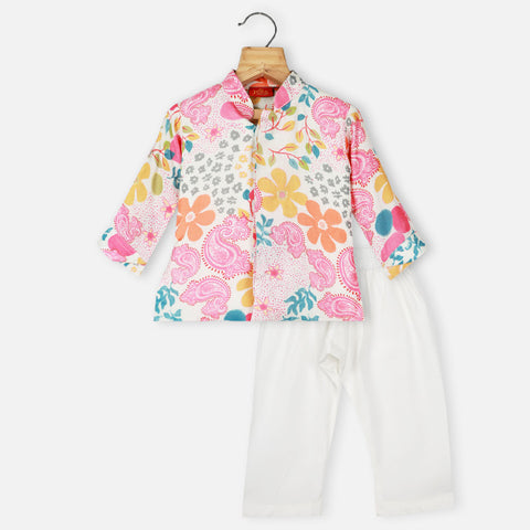 Colorful Paisley Printed Kurta With Nehru Jacket, Dhoti & Pajama