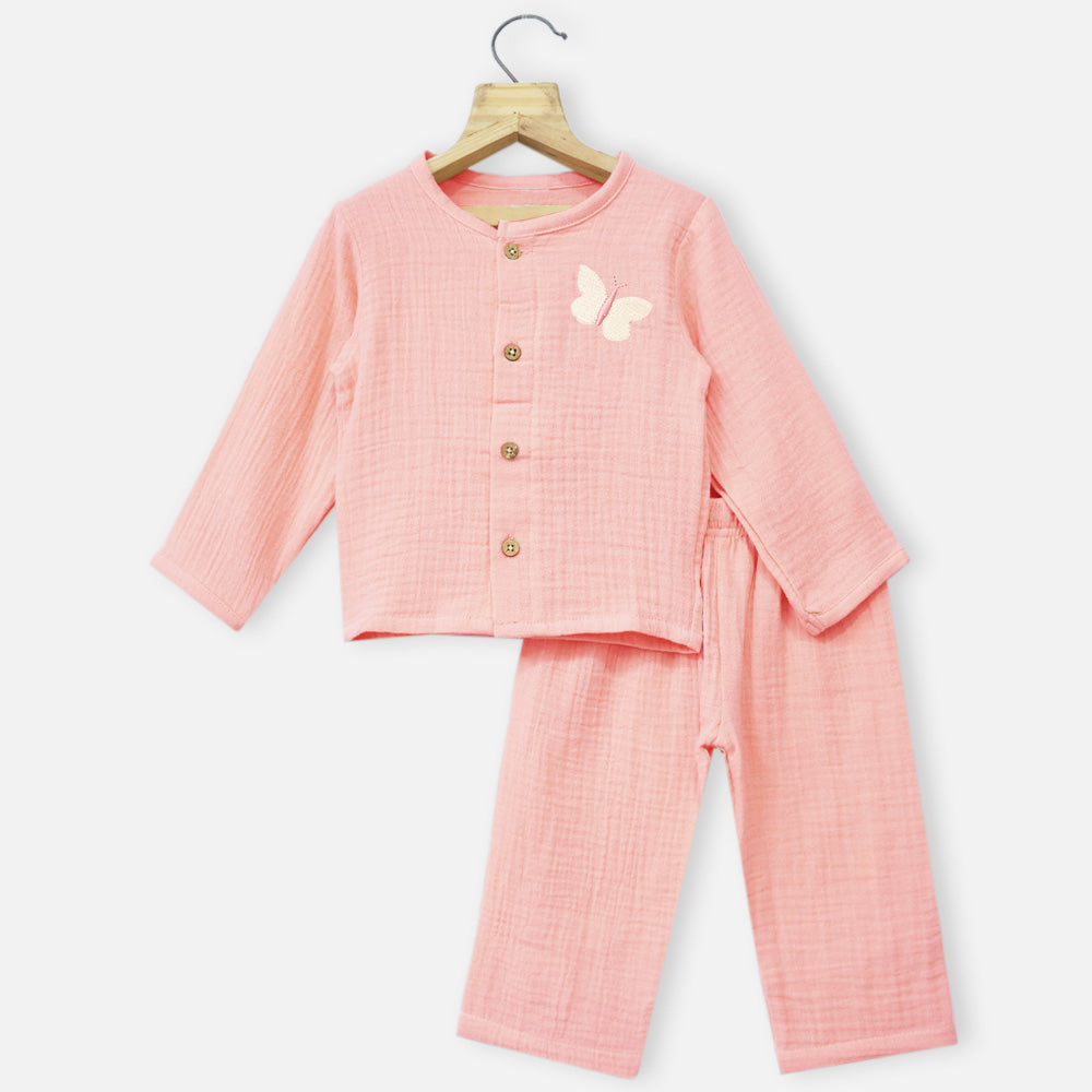 Peach Full Sleeves Muslin Night Suit