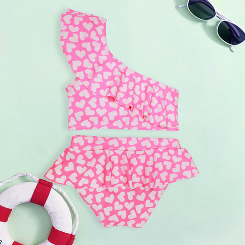Pink One Shoulder Ruffled Trim Top With Bikini Swimsuit