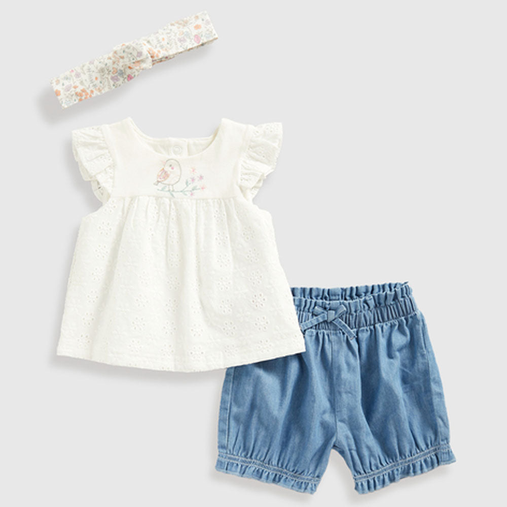 White Broderie Top With Blue Shorts & Headband Set