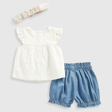 Load image into Gallery viewer, White Broderie Top With Blue Shorts &amp; Headband Set
