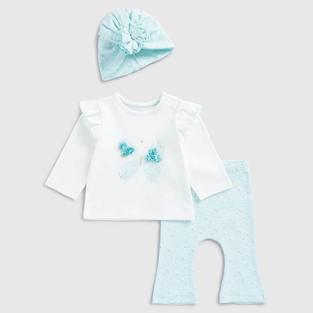 White Butterfly Cotton Tee With Floral Legging & Hat